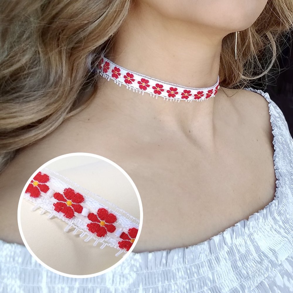 Red Flowers Vintage Lace CHOKER NECKLACE with Beads - New & Handsewn Ribbon Ties